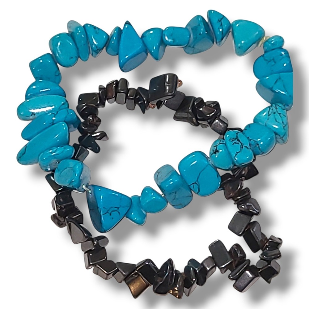 2 Turquoise & Hematite Chip Bead Stretch Bracelets Boho Stack Set